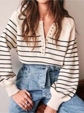 Sezane Cream and Black Striped V-Neck Button Sweater